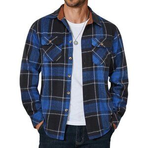 Black Blue Men Flannel  Long Sleeve Plaid  Button Up Shirt Jacket